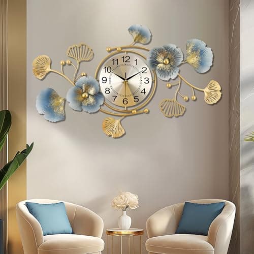 Image of Lafocuse 33x19 Inch Metal Unique Luxury Ginkgo Leaf Wall Clock Battery Operated, Silent Mordern Art Deco Large Blue and Gold Wall Clocks, Wall Decor for Living Room Kitchen Office