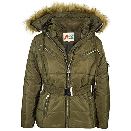 Image of A2Z 4 Kids Girls Jackets Puffer Hooded Stylish Detachable Faux Fur Padded - Jacket Belted 582 Olive 11-12
