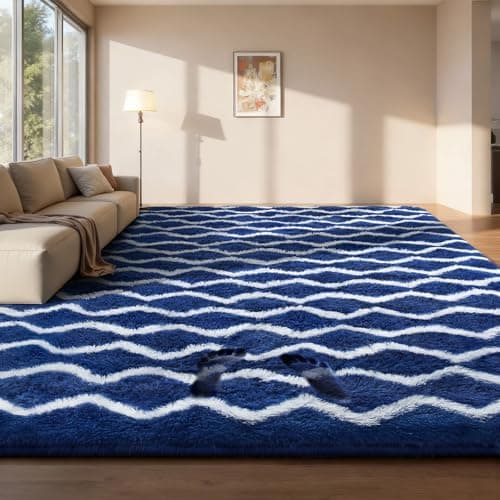 Image of Sour Lemon Rugs Living Room 160x230cm, Blue and White Striped Area Rug for Bedroom Anti Slip, Extra Large Shaggy Fluffy Rug, Modern Washable Floor Carpets for Lounge, Bedside Rugs for Kids Room