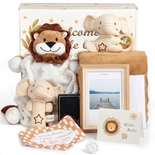 Image of Lictin Baby Shower Gifts, Newborn Baby Gifts Basket, Unisex Baby Gift Set with Baby Blanket, Baby Security Blanket, Baby Rattle, Baby Bib, Decison Coin, Keepsake Footprint, Infant Gift Set