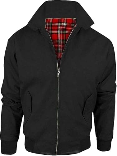 Image of LE11® Harrington Jacket – Smart Casual Unisex Men's & Women's Coat | Vintage Classic Retro 1970's Scooter MOD Skin Bomber | Tartan Lining British Style Zip-Up Bomber Jacket (Black, Large)