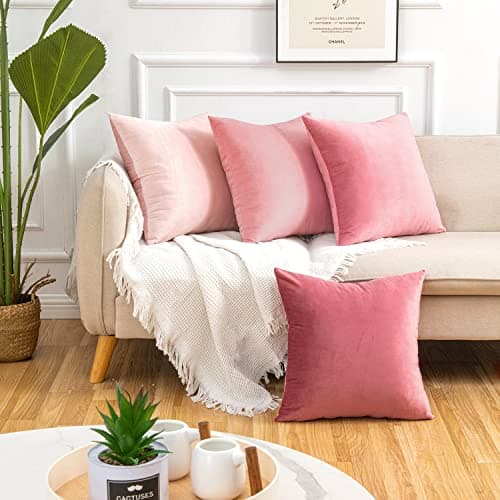 Image of Yonous Gradient Colors Combo Set Cushion Covers, Premium Velvet Soft Square Decorative Throw Pillow for Sofa Bedroom Car, Set of 4, (18''x18'', Pink-Light Pink)