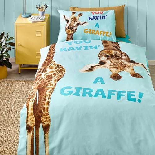 Image of Catherine Lansfield Kids Havin A Giraffe Reversible Single Duvet Cover Set with Pillowcase Aqua Blue