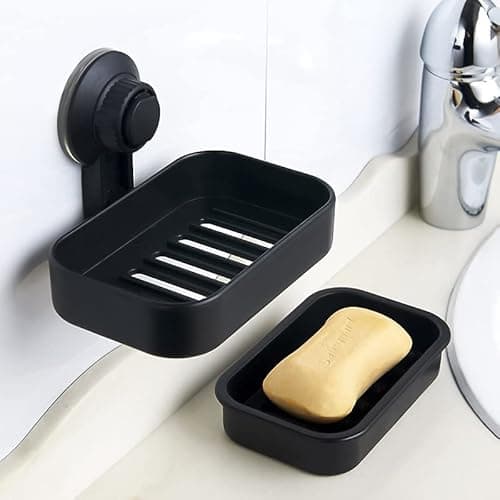 Image of MR.HOKWY Suction Cup Soap Holder for Shower Wall, Bathroom, Tub and Kitchen Sink Powerful Vacuum Suction Plastic Soap Holder Drill-Free,Removable,Black,10*14*8.5CM