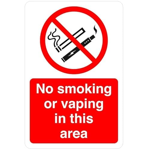 Image of No smoking or vaping in this area safety sign- 1.2mm Rigid plastic for indoor/outdoor usage (600mm x 400mm) Viewing Distance within 20m.