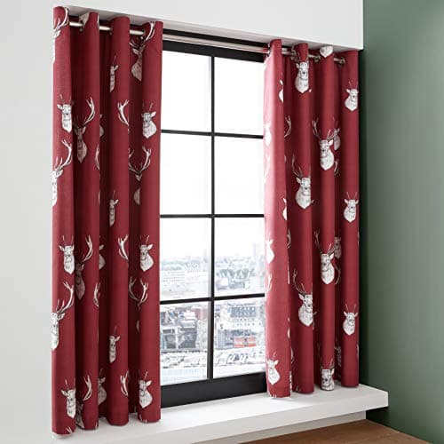 Image of Catherine Lansfield Munro Stag Check 66x72 Inch Lined Eyelet Curtains Two Panels Red
