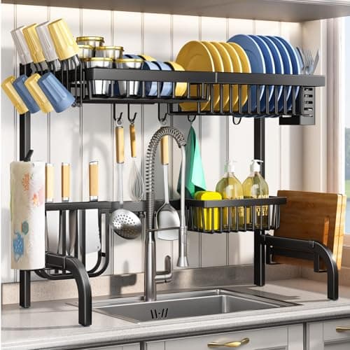 Image of SAYZH Over The Sink Dish Drying Rack, 2 Tier Rack Adjustable (25.5 to 33.5 inch) Dish Drainer Rack with Utensil Sponge Holder Caddy for Kitchen Counter Organization, Black