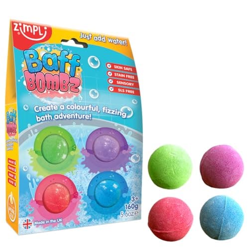 Image of ZIMPLI - 4 x Baff Bombz, Create a Colourful, fizzing, bathtime Adventure, Children's Bath Bombs Gift Set, Kids Stocking Fillers, Organic, Natural
