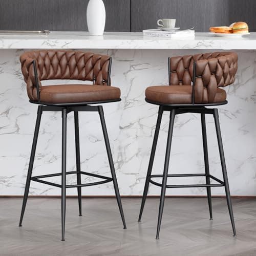 Image of BERYTH Bar Stools Set of 2 Suede Fabric 180° Swivel Self-Centering with Woven Low Back Footrest Modern Dinning Breakfast Stools Chairs for Home Kitchen Island Counter Restaurant Cafe Pub Brown