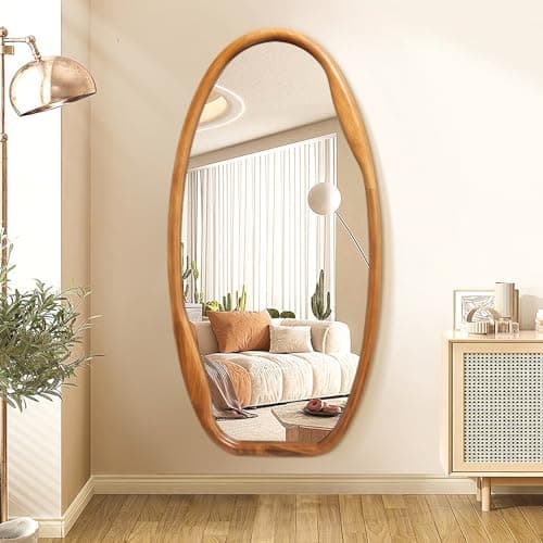 Image of JJUUYOU Wooden Frame Wall Mirror Irregular Mirrors for Wall 100x50cm Asymmetrical Decorative Vintage Hanging Mirror for Bathroom Bedroom Living Room Cloakroom Entryway Brown