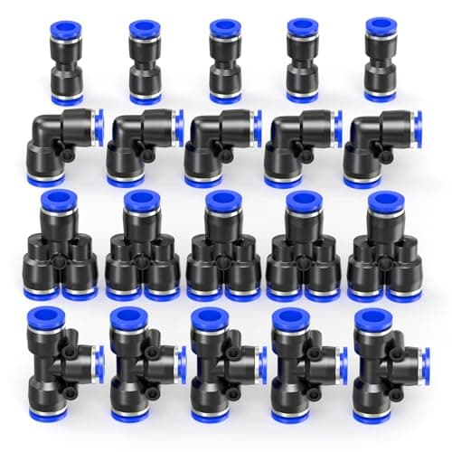 Image of ERGAOBOY 20Pcs Blue 6MM Tube OD Push to Connect Fittings Pneumatic Quick Release Connectors Kit Plastic Push Lock, 5Pcs Spliters+5Pcs Elbows+5Pcs Tee+5Pcs Straight