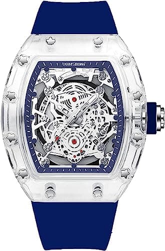 Image of Unique Hollowed Skeleton Analog Quartz Wrist Watch Fashion Tonneau Luminous Waterproof Sports Watch Transparent Business Watches Silicone Strap, Blue, Skeleton Watch