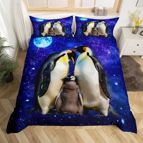 Image of Manfei Cute Penguin Kids Duvet Cover Set Single Size, Animal Theme Comforter Cover, Blue Starry Sky Penguin Family Bedding Set for Boys Girls Room Decor, Lightweight Bedspread Cover, 1 Pillowcase