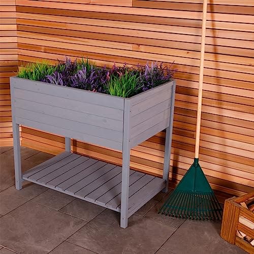 Image of CHARLES BENTLEY FSC® 100% Wooden Planter - Grey - Raised Box with Shelf Herb Plant Box H92 x D62 x W83cm Medium Pot