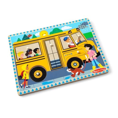 Image of Melissa & Doug The Wheels on the Bus Sound Puzzle – 6-Piece Wooden Peg Puzzle, Interactive Developmental Learning Toy for Kids Age 2 Plus