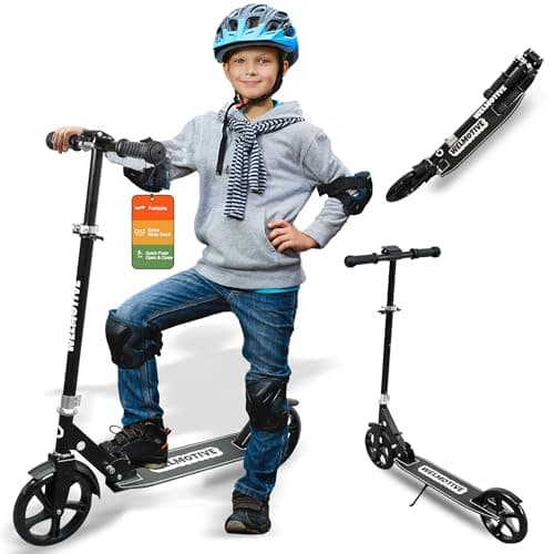 Image of Kick Scooter for Kids Ages 6+, Teens & Adults, Adjustable Handlebars, Rear Brake, Big Wheel Foldable Scooter for Indoor & Outdoor (Black)