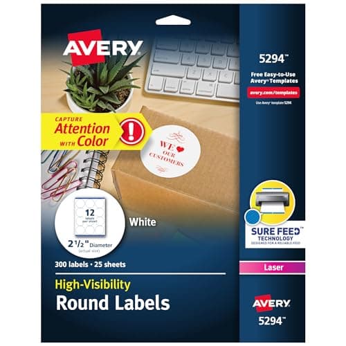 Image of Avery High Visibility Printable Round Labels with Sure Feed, 2.5" Diameter, White, 300 Customizable Blank Labels Total (5294)