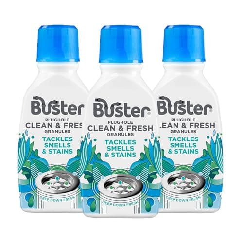 Image of Buster Plughole Clean & Fresh Granules (Eucalyptus - Pack of 3 x 300g) Fast-Acting Dishwasher & Washing Machine Cleaner & Sink and Drain Cleaner for Bad Smells and Stains, Fresh Scent - Made in UK