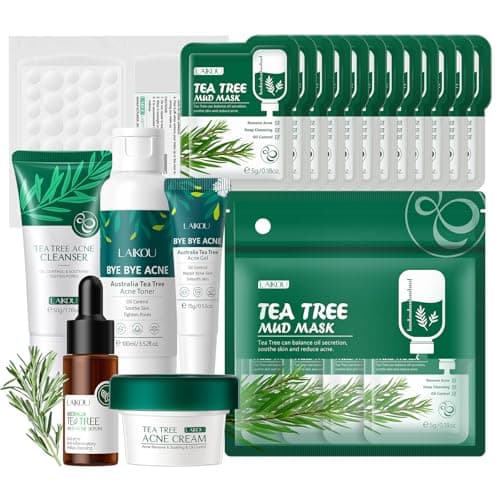 Image of LAIKOU Tea Tree Skincare Set , Anti-Acne Face Care Kit with Cleanser, Toner, Serum, Spot Gel, Cream, Mud Mask & Pimple Patches, Oil Control & Soothing for Teenage Girls, Women & All Skin Types