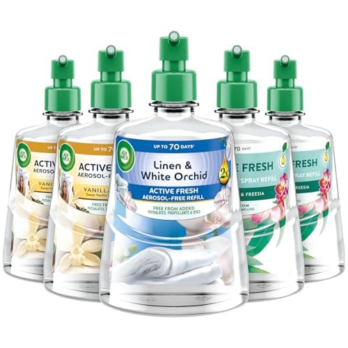 Image of Air Wick Aerosol-Free Automatic Air Freshener Spray | 24x7 Active Fresh Odour Neutraliser | Lasts Up to 3x70 Days (5 Refills, Vanilla & Shea Butter x2, Linen & Orchid x1 & Eucalyptus & Freesia x2)