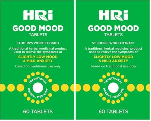 Image of HRI Good Mood 60 Tablets - to Relieve The Symptoms of Slightly Low Mood and Mild Anxiety - 334 mg of St John's Wort Extract, Equivalent to 1670mg – 2338mg of St John’s Wort. 2 Pack
