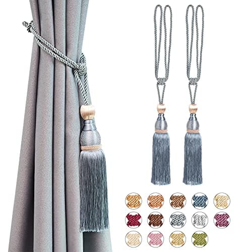 Image of Pretty Jolly 2 Pack Mesh Ball Tassel Curtain Tiebacks European Vintage Style Curtain Holdbacks Handmade Braided Rope Decorative Drape Tie Backs for Home and Office Window Drapery (Grey Blue)