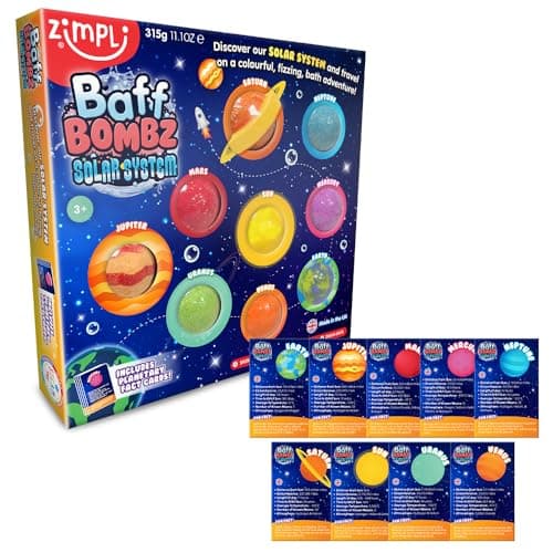 Image of ZIMPLI - 9 x Solar System Baff Bombz, 9 x Planetary Fact Cards, Educational Planet Bath Bombs for Kids, Learning Science Kit, Xmas Gift for Boys & Girls, Strawberry Scented