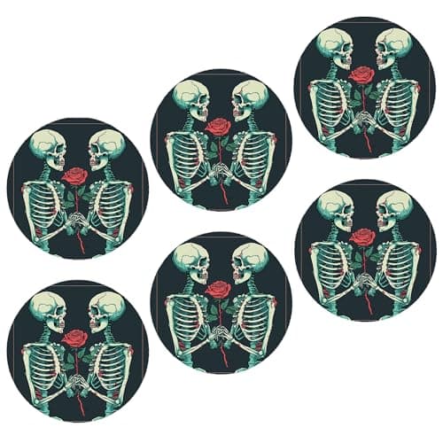 Image of Skull Coasters Pack of 6 Romance Red Rose Floral Sweet Retro Botanical Lines Blue red Leather Protect Furniture Home Decorative Hotel Bedroom Outdoor Desk Coffee Table Water Proof 4x4 Inch