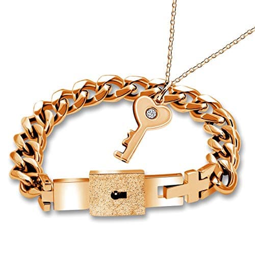 Image of Uloveido Rose Gold Plated Lock Chain Bracelet & Key Pendant Necklace Stainless Steel Couples Jewelry Set for Women Men Y808 (Rose Gold)