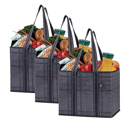Image of VENO 3 Pack Reusable Grocery Bag, Shopping Cart Bag, Trunk Organizer, Storage Box, Heavy Duty Tote, Hard Bottom, Stands Upright, Collapsible, Water-Resistant, Large Size (Black/Windowpane - Set of 3)