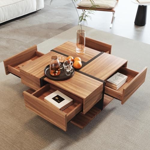 Image of BTM Coffee Table, Square Coffee Table with 4 Drawers and Shelf Storage Space for Living Room, 78 * 78 * 45 cm, Brown