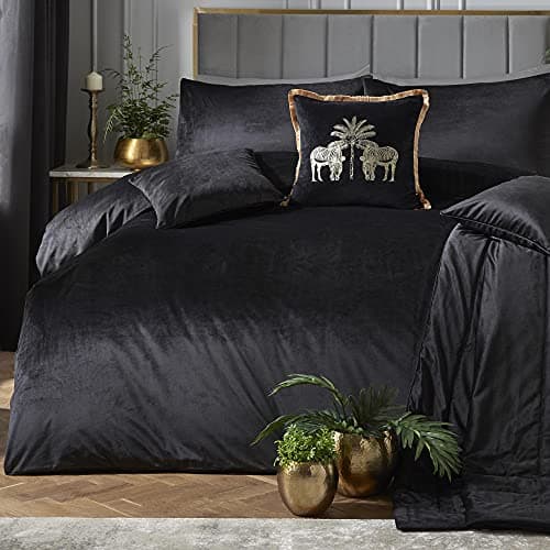 Image of Laurence Llewelyn-Bowen Black Velvet Duvet Cover Set – King Size (230 x 220cm) – Soft Touch Designer Bedding – Includes 2 Pillowcases – Luxury Jacquard Quilt Cover – Elegant Black Bedroom Set