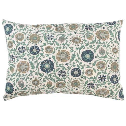 Image of Linen Loft Tudor Rose XL Rectangular Cushion Cover in Teal Blue. Classic Floral and Botanical Trailing Vines Design. 23x15 XL Cover Only
