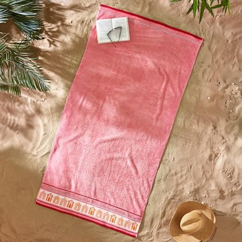 Image of Catherine Lansfield Beach Huts90x180cm Cotton Extra Large Beach Towel Coral