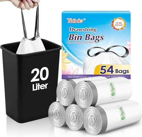 Image of Teivio 20 Liter Small Bin Liners with Tie Tap, 54 Counts Strong Drawstring Pedal Bin Bags Fit 15-20L Trash Can, Waste Paper Bin Bags for Home Office Kitchen Bathroom Bedroom, White Toilet Rubbish Bag