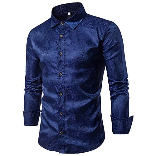 Image of Allthemen Men's Paisley Shirt Jacquard Silk Shirts for Men Dress Shirts Long Sleeve Button Down Collar Casual Tux, Blue,Navy, XL