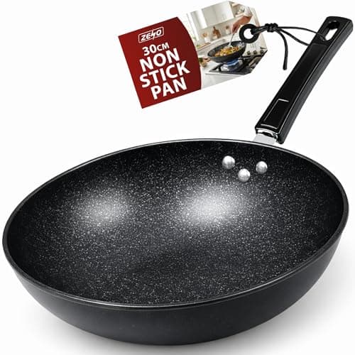 Image of ZENO Non Stick Frying Pan 30cm | Wok Frying Pan | Frying Pans with Granite Induction for Induction, Electric and Gas Hobs | Omelette Pans | Black