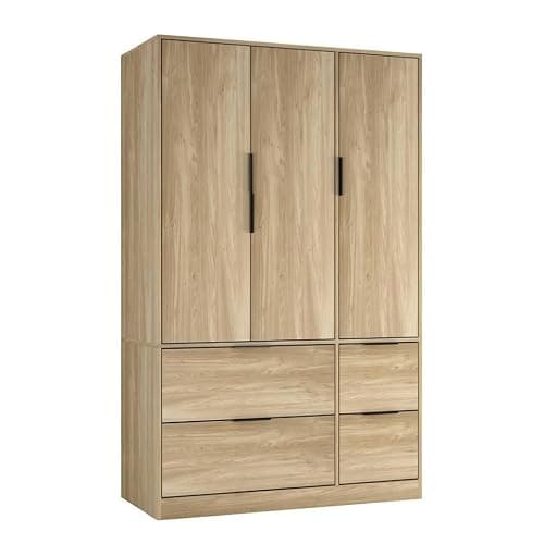 Image of URBNLIVING 3 Door Wardrobe with 4 Drawers – Wooden Bedroom Storage Cupboard with Hanging Rail for Clothes - Oak Unit & Oak Doors & Drawers