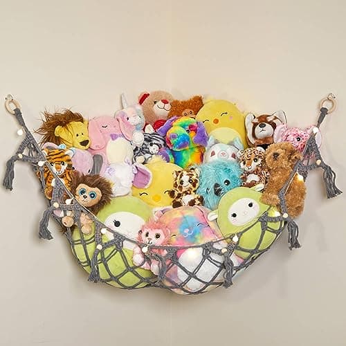 Image of Lilly's Love Macrame Teddy Hammock w/Lights | Toy Hammock for Stuffed Animals | Soft Toy Storage | Cute Room, Bedroom & Home Decor | Large (Grey)