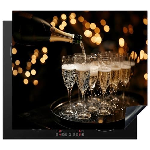 Image of KitchenYeah© Induction Hob Protector Mat 20.1"x23.2" / 59x51 cm Cooker Top Protectors Cover Ceramic Covers Electric Hobs Vinyl Lights - Champagne - Tray - Glasses