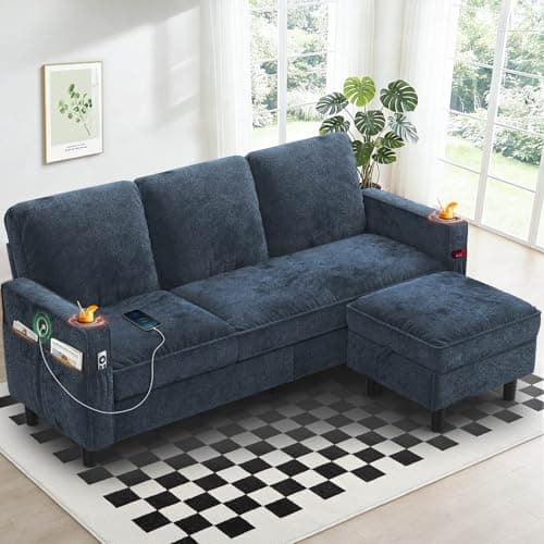 Image of Aotumm Ciort 3-Seater Sofa with Storage Ottoman Footstool, L-shaped Chaise Lounge Sofa with USB Charging Ports, 2 Cup holders, Modern Fabric Small Space Corner Sofa Couch for Living Room (Blue Fabric)