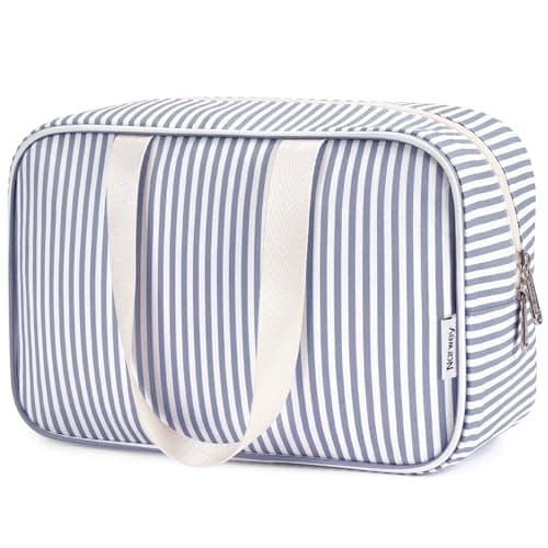Image of Narwey Toiletry Bag, Large Toiletry Bags for Women, Full Size Wash Bag Women, Large Makeup Bag, Portable Toiletries Bag for Travel, Make up Cosmetic Organizer for Essentials (Greyish Blue Stripe)