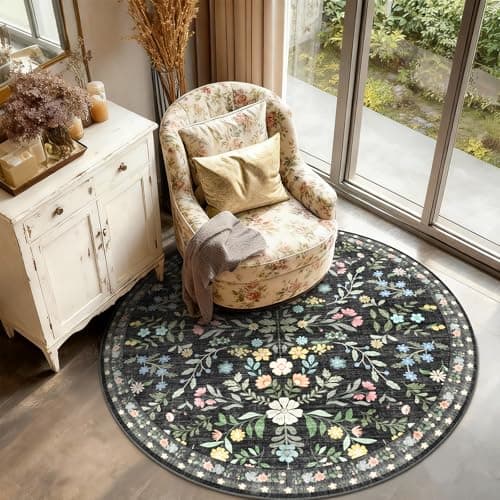 Image of XSIVOD Round Floral Rugs for Living Room, Boho Washable Area Rugs for Bedroom, Non Slip Vintage Rugs for Dining Room Home Office, Soft Low Pile Floor Carpet for Home Decor, 120x120 cm, Black/Harmony