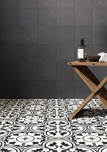 Image of Reverie Patterned Floor & Wall Porcelain Tile, Black, 200mm x 200mm - Kitchen or Bathroom splashback