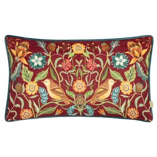 Image of Evans Lichfield Hawthorn Birds Chenille Piped Cushion Cover, 30 x 50 cm, Burgundy