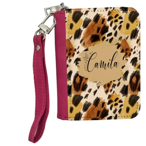 Image of Personalised Leopard Print Design – Custom Name Gift – Animal Print Style – Unique Customised Present, Women's Small Leather Zip-Around Wallet, Credit Card Slots, Coin Purse, Pink.