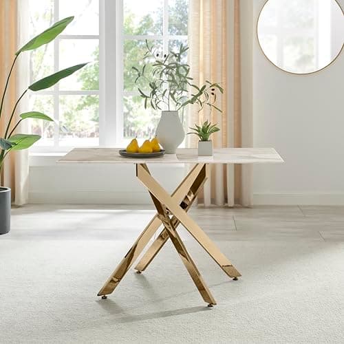Image of Furniturebox UK Dining Table - Leonardo 4 Seat Dining Table - Glass White Marble Effect Table Shiny Gold Metal Legs -Nested Starburst Design - Modern Contemporary Dining Room Home Kitchen