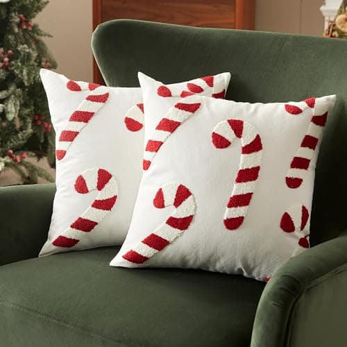 Image of Sonvie Christmas Cushion Covers Set Of 2 with Large Candy Cane Decor for Christmas, Soft Decorative Square Throw Pillow Cover 45x45cm (18x18 in), Pillows Cases for Bedroom Sofa Couch Decorations