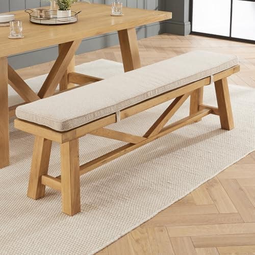 Image of Marbury Classic Oak Large Trestle Bench with Cushion | 1.8m Solid Oak Bench with Removable Boucle Cushion | Farmhouse Style Dining or Hallway Seat | Whitewashed Finish | H 510 x L 1800 x W 350mm