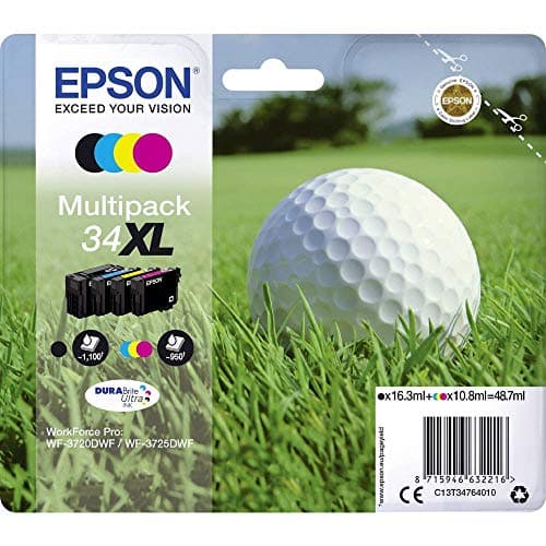 Image of Epson 34XL Golfball Genuine High Yield Multipack, 4-colours DURABrite Ultra Ink Cartridges, Black/Yellow/Magenta/Cyan, XL High Capacity